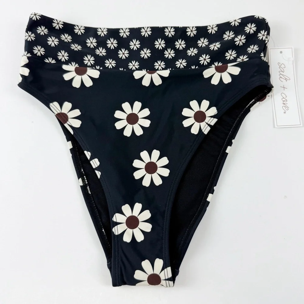 Salt + Cove Bikini Bottom Juniors Size XS Black Daisy Floral Swim NWT